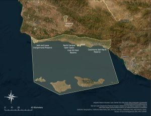 Map of the Coastal Fund geographic area, bounded on the north by the Santa Ynez mountains ridgeline, to the south by the northern Channel Islands, to the west by the Dangermond Preserve, and the east by the county line