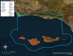 A map of the Coastal Fund funding area, including the Channel Islands, the Santa Barbara Channel, and the terrestrial area south of the ridgeline from Dangermond Preserve to the southern border of Santa Barbara County.